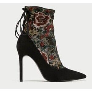 NEW! Zara Black Lace Heels Women's Size US 6.5 Embroidered Stilettos Point Toe‍‍